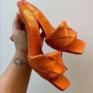 Vince Camuto Women's Brelanie Woven Strap Dress Mule Heeled Sandal. BOTTEGA DUPE